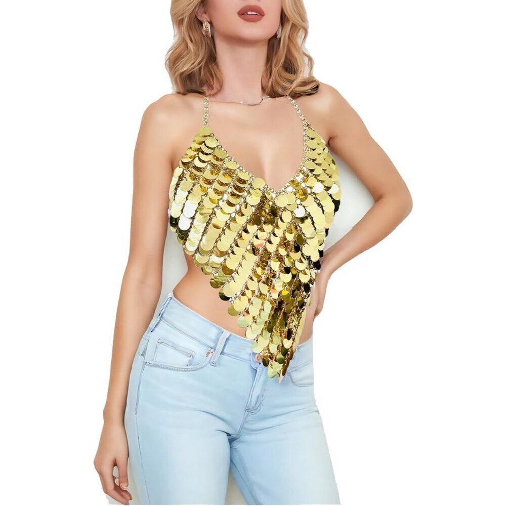 🆕Women Gold Sexy Glitter Sequin Halter Top Chainmail Shirt Sparkle Outfits
